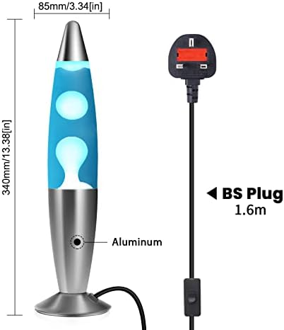 Bonlux 13-inch Lava Lamp Blue Water and White Wax, E14 Aluminum Base with Switch and BS Plug, AC 220-240V, for Room Decoration, Cable 1.6m