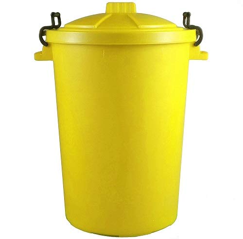 Srendi® Small/Medium/Large Plastic Coloured Bin/Waterfroof/Rodent Proof/Ideal for Outdoor/Animal Feed/Food/Storage/Flour Locking Lid (85L, Yellow)