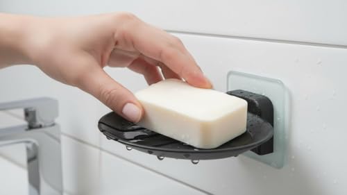Image of KROYWEN 2Pcs Plastic Wall Mounted Soap Dish Adhesive Sponge Holder No-Drilling Soap Holder Stand for Shower, Bathroom and Kitchen (Black Soap Dish, 2)