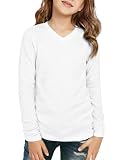 Demegimi Mädchen Langarmshirt V Ausschnitt T-Shirt - Teenager Oberteil Weich Stretch, Casual Kids Kleidung für Schule & Sport,Weiß,13-14 Jahre