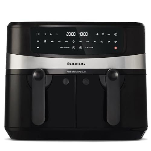 Taurus - Freidora De Aire Sin Aceite Air Fry Digital Duo 9L | 2.600W | Doble cestillo 4,5L | 12 Programas Predefinidos | Temporizador Digital 60 mins | Air Fryer pantalla Táctil | Libre BPA