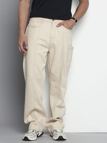 Image of The Indian Garage Co Men Loose Baggy Relaxed Fit Solid Mid-Rise Jeans