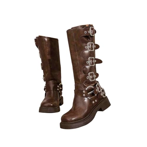 Womens Knee High Boots Square Toe Pull On Wide Calf Riding Boot Buckles Chunky Metallic Casual Vintage Buckle Rivet Boots