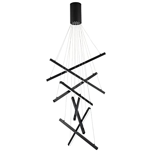 Sunmoo Modern Led Chandelier, High Ceiling Chandelier, Linear Chandelier 8 Lights Black, Dimmable Large Pendant Light 98.4" For Living Room Staircase Entry Foyer Lobby Office Duplex 6000K Cool White #TOP7