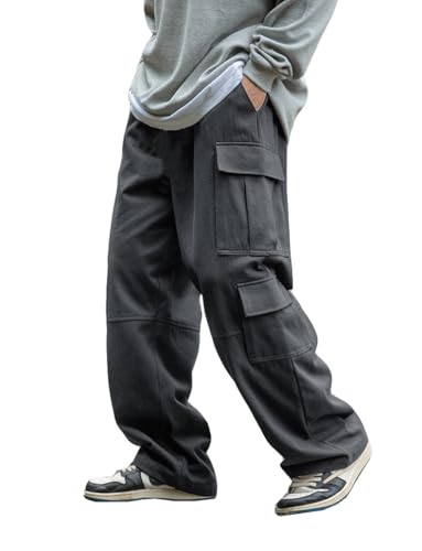 THWEI Mens Cargo Pants Drawstring Elastic Waist Casual Baggy Pant Grey S2