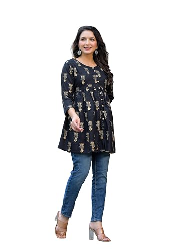Image of Women's Black Printed Cotton Top | Round Neck, 3 /4 Sleeves & Flared Fit | Casual Wear