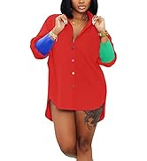 qfmqkpi Women Sexy Shirt Dress Colorblock Button Down Long Sleeve Ribbed Cuff Slit Hem Blouse Top