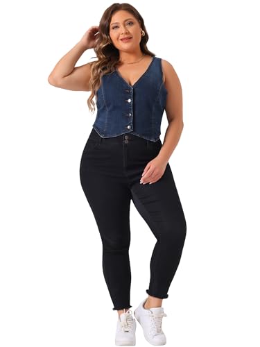 Agnes Orinda Plus Size Denim Vest for Women Sleeveless V Neck Button Down Casual Jean Waistcoat Jacket3