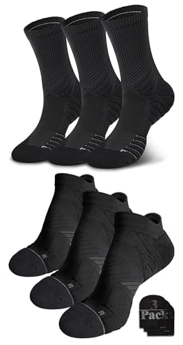 Hylaea 6 Pairs Running Socks for Men, Coolmax Anti-Blister Cushion Socks for Athletic, Moisture Wicking & Seamless Size M Black & Black