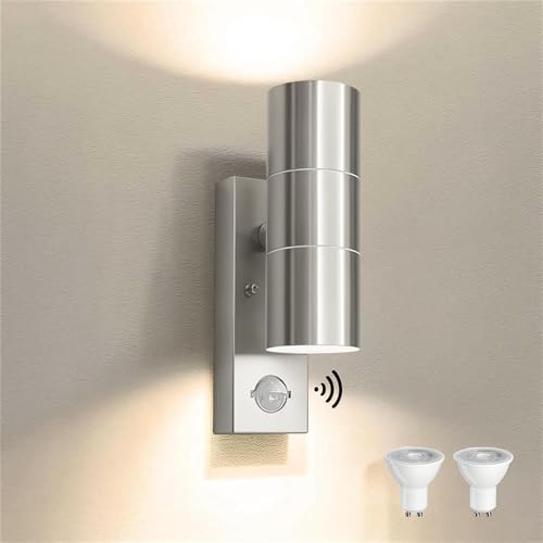 JNR Edelstahl LED Außenlampe mit Verstellbar PIR Bewegungsmelder Dämmerungsschalter, IP54 Wasserdichte Up Down 230V Aussenlampe inkl.2x5W GU10 3000K...