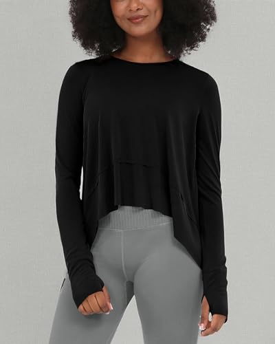 Image of ODODOS Soft Modal Long Sleeve Crop Top for Women with Thumb Hole Athletic Gym Workout Cropped Yoga Shirts