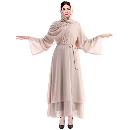 IWEMEK Women Muslim Cardigan Maxi Dress + Hijab Scarf Solid Loose Fit Long Sleeve Kaftan Full Length Islamic Dubai Abaya Dresses Arabic Middle Eastern Prayer Clothes Outfits