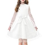 [Rolanko] キッズ ワンピース 女の子 チュール袖 フリル 子供 ドレス ドット柄 発表会 結婚式 冠婚葬祭 普段着 パーティー ホワイト 150