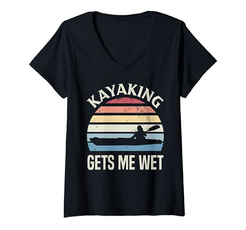 Womens Rowing Kayaking Get's Me Wet Retro Paddling Water Sports V-Neck T-Shirt, Black