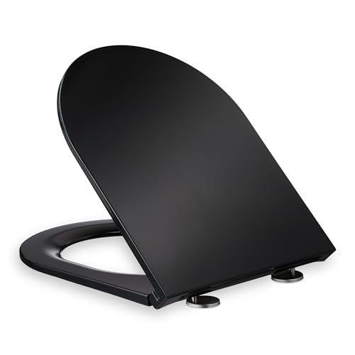 Relaxdays Asiento de Inodoro con Cierre Suave, 36 x 45 cm, Plástico Termoestable, Montaje de Arriba, Forma de D, Negro