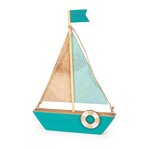 Veliero decorativo legno: barca a vela arredamento tema mare, decorazioni nautiche bagno soggiorno, soprammobile stile marino con salvagente e bandiera, oggettistica casa mare, 15 x 4 x 21 cm