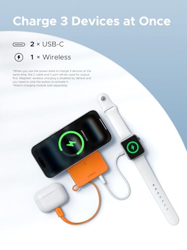 Image of UGREEN MagFlow 10,000mAh Power Bank, Qi2 25W Certified Wireless Charging, Magnetic Portable Charger for MagSafe with Built-in Cable, 30W USB-C Battery Pack for iPhone 17 Pro Max /16 /15 /14 /13 /12, Orange