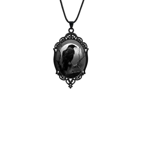 Goth Raven Pendant Necklace for Women Men Vintage Punk Victoria Gothic Crow Cameo Pendant Black Mystic Witch Cosplay Costume Accessories Halloween Jewelry for Women (Gothic Raven Necklace B)