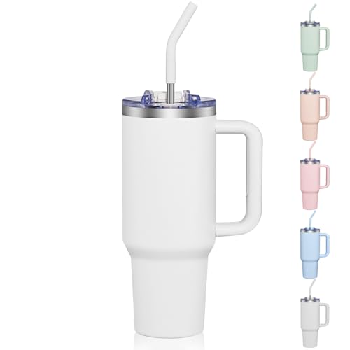 Image of COKTIK 40 oz Tumbler With Handle and Straw Lid, Vacuum Insulated Travel Coffee Mug Stainless Steel Insulated Cup for Beverages, Leak-proof, Cupholder Friendly (Snow)
