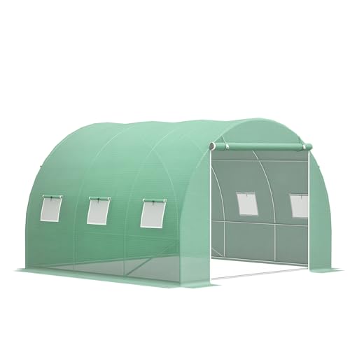 Outsunny Serre de Jardin 9 m², Serre Tunnel de Jardin 3 x 3 x 2 m avec Porte Enroulable et 6 fenêtres en Maille, Serre en Acier et PE Haute densité, résistante aux UV, Vert