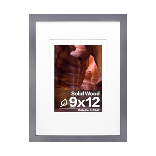Egofine 9x12 Picture Frame Made of Solid Wood Covered by Plexiglass, Wood Frame for Pictures 5x7/6x8 with Mat or 9x12 without Mat, Tabletop and Wall Mounting Display, Dark Grey