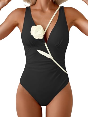 Eomenie Women's One Piece Swimsuit Slimming Tummy Control Bathing Suit Plunging V Neck Color Blocking 2025 Swimwear