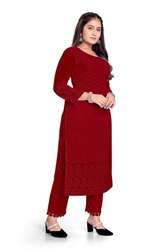 Image of IMPEX Hand Embroidered Chikankari Georgette Kurta for Women | Kurti | 3 /4th Sleeves | Round Neck | Ethnic Kurta | Ideal for Casual Wear, Festive, Wedding & Parties