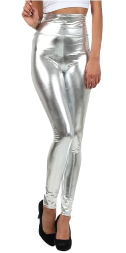 Sakkas 2616 Shiny Liquid Metallic High Waist Stretch Leggings - Silver - L