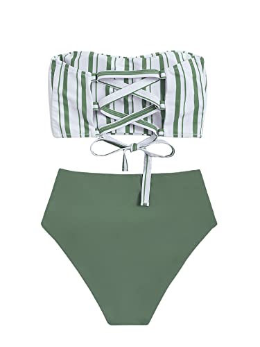 SweatyRocks Women's Bathing Suits Striped Bandeau Bikini high Waisted Swimsuits Swimwear Set2