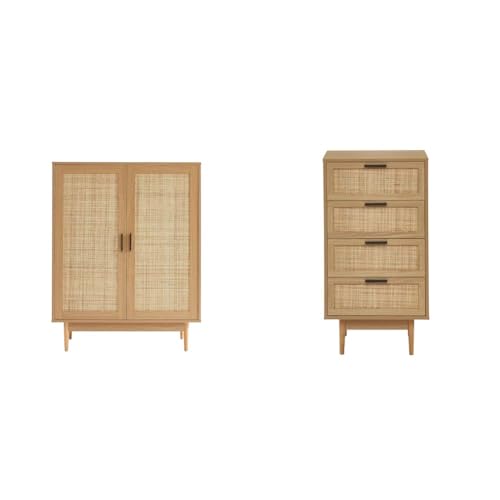 BAÏTA - Buffet Haut Amana Effet chêne et cannage en rotin 2 Portes & Chiffonnier Amana cannage rotin 4 tiroirs