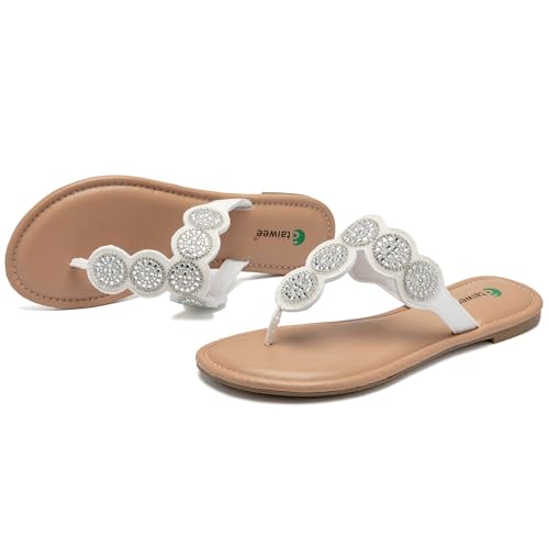 Image of Ataiwee Women's Bohemian Bling Flat Slide Sandals - Casual Summer Thong Sandals with Rhinestone Decor, Rubber Sole, Lightweight & Comfortable for Casual Attire Strappy Sandals.