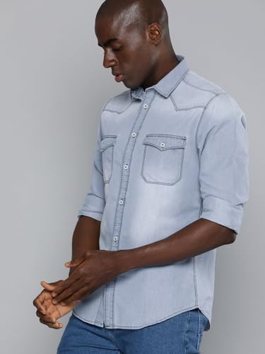 Image of The Indian Garage Co Men Slim Fit Solid Full Sleeves Cutaway Collar Double Flap Pocket Casual Denim Shirt