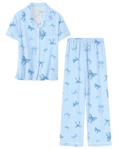 Umeyda Girls Pajamas Set Button Down Notch Collar Soft Short Sleeve Pjs Set with Long Pant Set Lounge Set