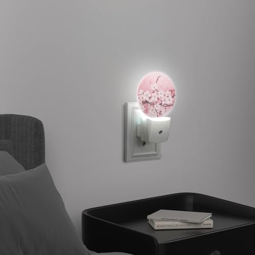 Image of Round LED Night Lights Lamp with Dusk to Dawn Sensor, Delicate Pink Background with Cherry Blossoms Night Light Plug Into Wall for Kids Room, Bedroom, Bathroom, Kitchen, Hallway