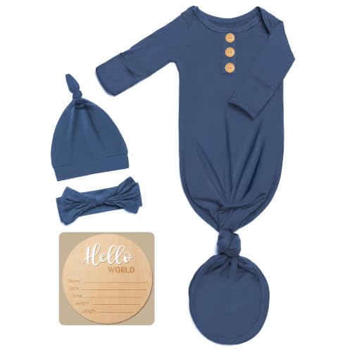 Soft Baby Knot Gown 0-3 Months, Newborn Announcement Sleepers With Mitten Cuffs and Personalized Wooden Name Tag