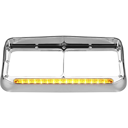 Partsam 2X Headlight Bezels Chrome W/Visor 12" Clear/Amber Led Light Strip Replacement For 4X6 Lights Kenworth T400 T600 T800 W900B W900L Peterbilt 378 379 Western Star 4900 Freightliner Semi Trucks #TOP3