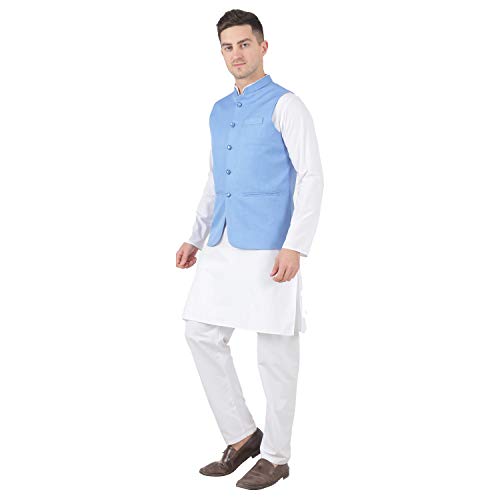 Image of TAHVO Men's Nehru Jacket /Waistcoat /Modi Jacket Cotton Fabric /Men 's 5 Button Nehru Jacket with Hanky Kurta Set