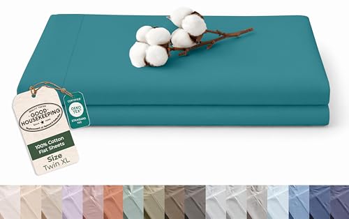 Image of Royale Linens 100% Organic Cotton Twin XL Size Flat Sheet Only - Percale Top Sheets - Twin XL Flat Sheet Sold Separately - Lightweight & Super Soft 100% Cotton Teal Bed Sheets Only (66 inch x 102 inch Teal)