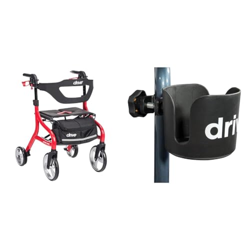 Drive Medical Nitro Sprint Foldable Rollator Walker with Seat & Universal Clamp-On Cup Holder for Walker, Rollator, & Wheelchair, 3 x 3 Inch, Black