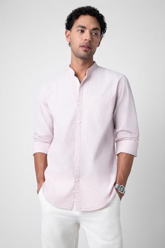 Image of Peter England Men's Casual Mandarin Collar Slim fit Full Sleeve Shirt in 100% Cotton Seersucker with Striped Design