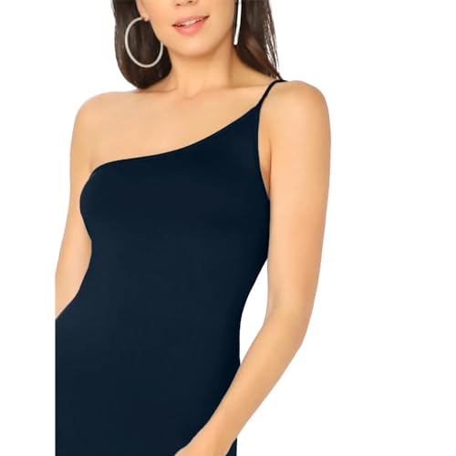 Image of TIVANTE Solid One Shoulder Midi Cami Bodycon Dress with Slit for Women