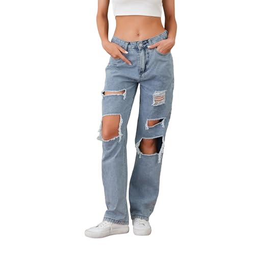 Mxiqqpltky Women Ripped Boyfriend Jeans High Waist Baggy Plus Size Aesthetics Wide Leg Denim Pants Distressed Y2K Streetwear3