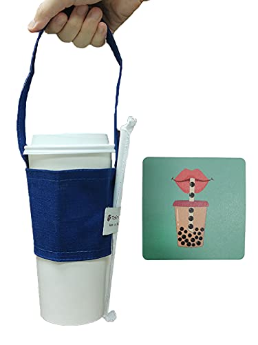 Image of Portable Coffee & Boba Cup Holder Strap (2 Pcs Set) (Navy Blue)