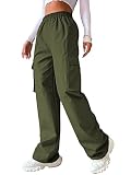 Fangetey Women's Mid Waist Cargo Pant Flap Pocket Relaxed Fit Straight Wide Leg Casual Loose Trouser