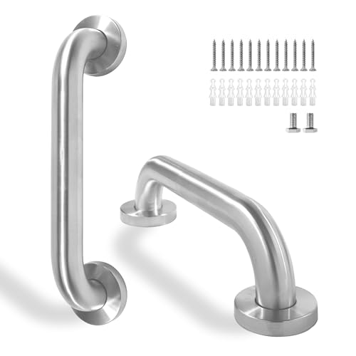 Rackickyer Shower Grab Bar 2 Pack 12 Inch Brushed Nickel Bathroom Safety Bar 1.25 Diameter 304 Stainless Steel Grab Bars for Bathtubs and Showers Handicap Shower Grab Bar for Seniors Elderly