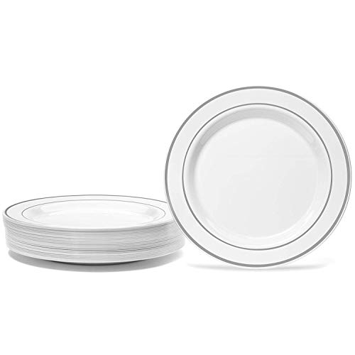 Bloomingoods Silver Rimmed Plastic Plates (100 Pack) 7.5" Inch Heavyweight White Dessert/Appetizer Plates | Real China Look Weddings Parties And Events Plates | Disposable Or Reusable #TOP4