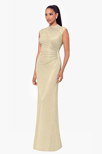 Image of Betsy & Adam Women's Metallic Knit Full Length Gown with Bateau Neck & Ruched Bodic