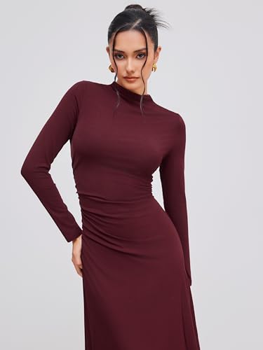CIDER Turtle Neck Long Sleeve Ruched Knit Elegant Solid Party Middle Waist Maxi Elegant Dress2
