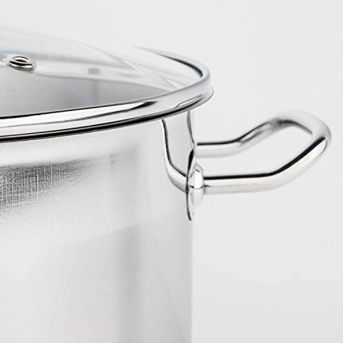 GEEZY Large Stainless Steel Stock Pot with Glass Lid 20 L - Induction Base, All Hob Compatible, Riveted Handles, Vented Cover, Dishwasher Safe - Essential Cooking Pan for Soups, Stews, Curry, Biryani