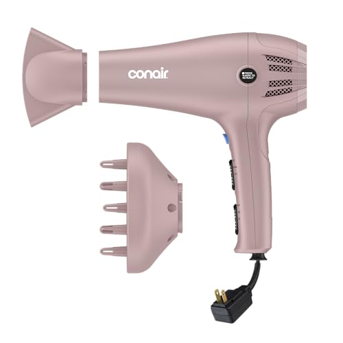 Conair Hair Dryer with Retractable Cord, 1875W Blow Dryer, 3 Heat Settings, 2 Speeds, Blow Dryer with Diffuser and Concentrator Attachments, Ionic + Tourmaline Technology, Matte Light Pink